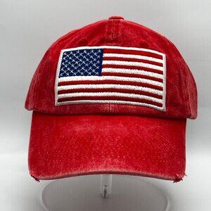 Red Fabric Washed Vintage Baseball Cap with American Flag Patch – Made in USA